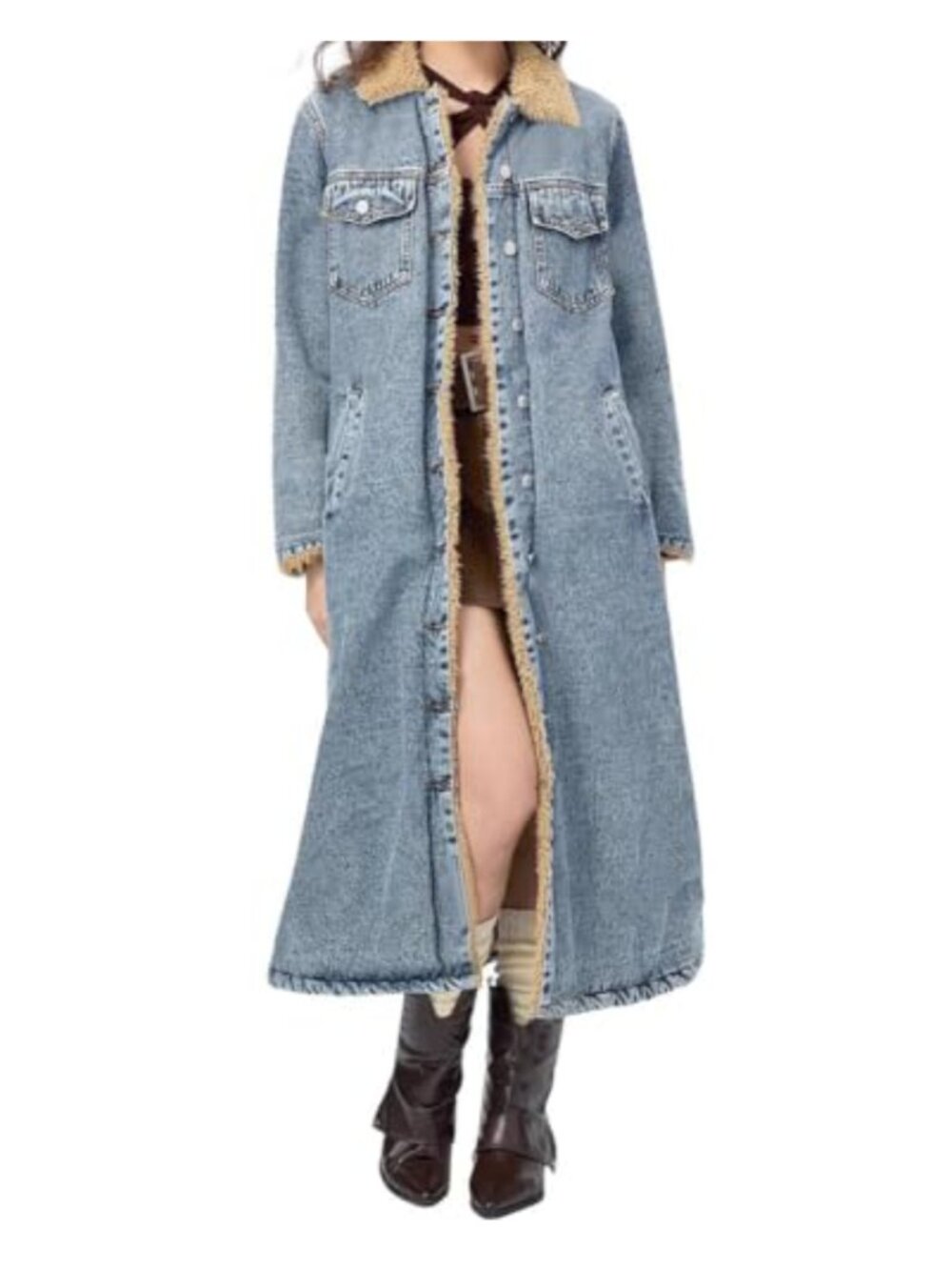 Sherpa Lined Denim Midi Trench Coat Button Down Jean Jacket